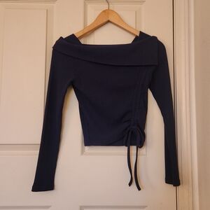 Darphin made in korea navy blue off the shoulder ribbed long sleeves tie top